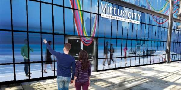 Computer simulation image of glass building with Virtuocity letters