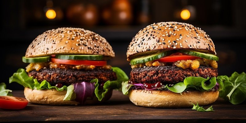 Two plant-based burgers.