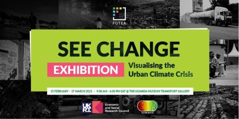Poster advertising the SEE CHANGE exhibition - a green block with black text